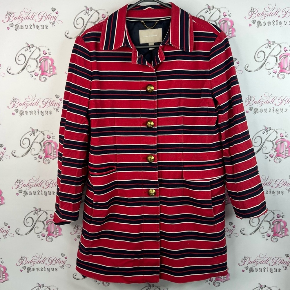 Banana Republic coat button up jacket nautical Red and Black Striped Trench Coat
